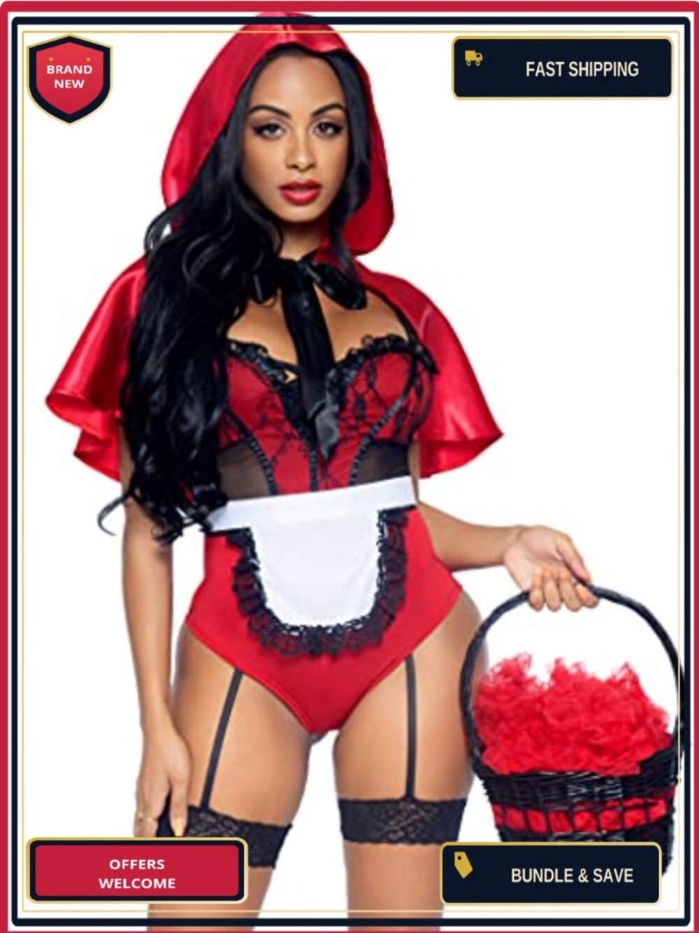 Women's 3 Pc Naughty Miss Red Riding Hood Costume with Garter Teddy Apron